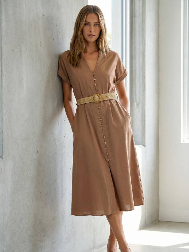 Linen Button Down Belted Midi Dress for wholesale by RUBIENN