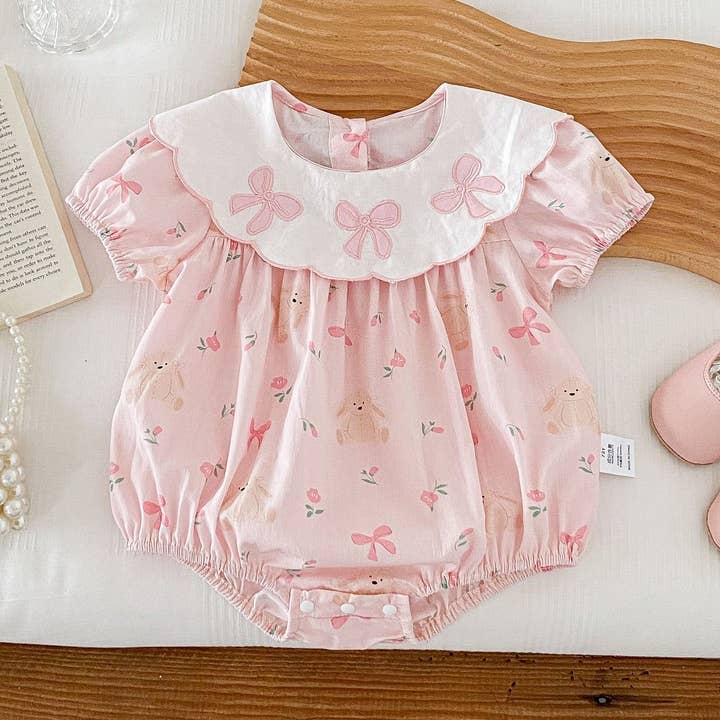 Summer Hot Selling Baby Girls Short Sleeves Teddy And Bows Pattern Pink Onesie for wholesale on Faire4