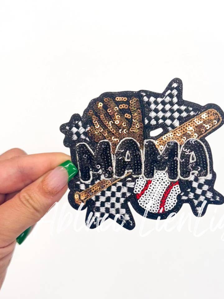 Small Baseball Mama Checkered Star Sequins Patch for wholesale by ABLNco