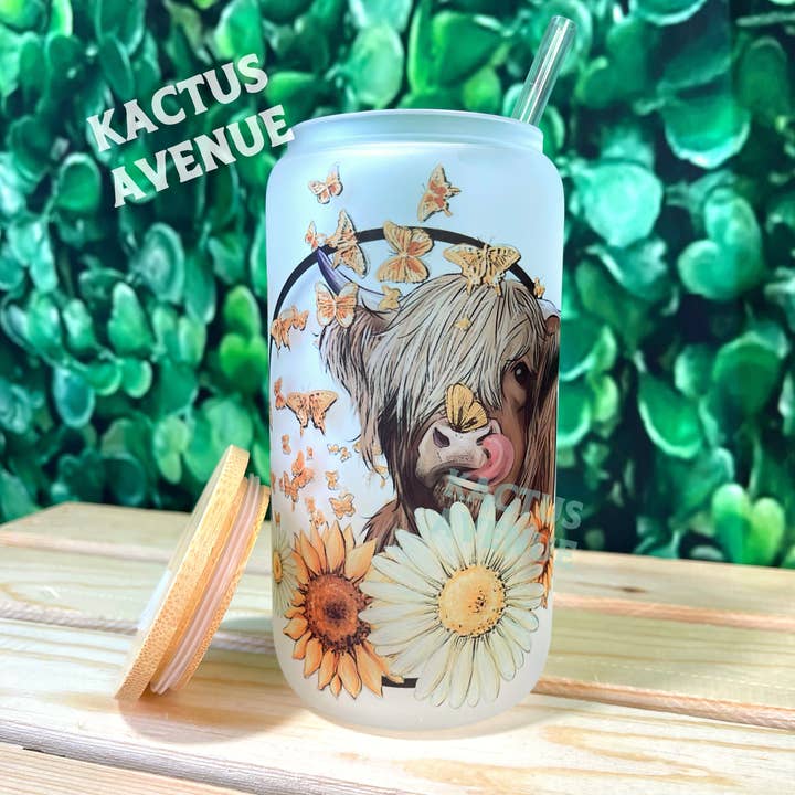 Floral Highland Cow Frosted Glass Can for wholesale by Kactus Avenue