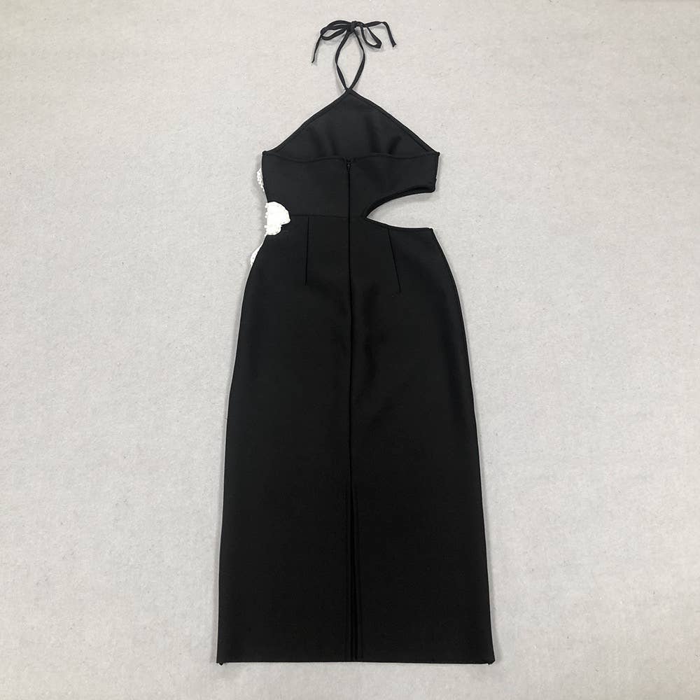 Noir Robe mi-longue à dos nu à motif floral DR298 en vente sur Faire8