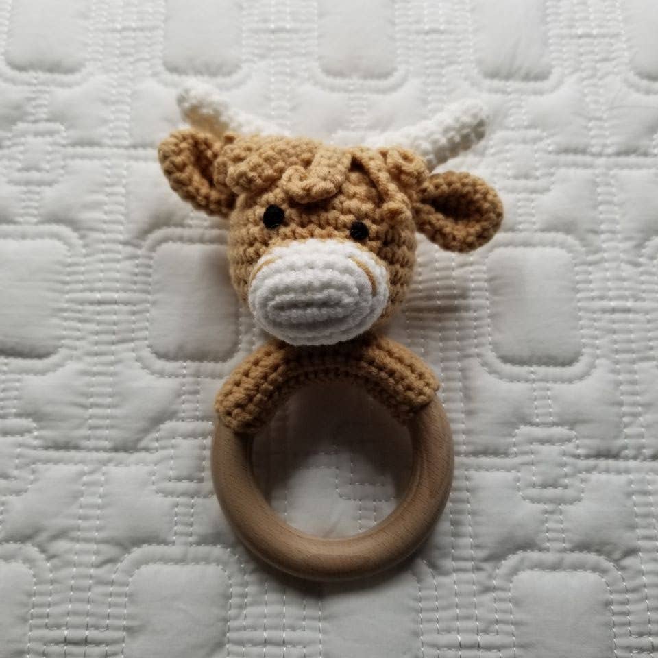 D & C TOYS - Wholesale Handheld Rattle - Baby - Khaki Highland Cow Hand Crochet Rattle0