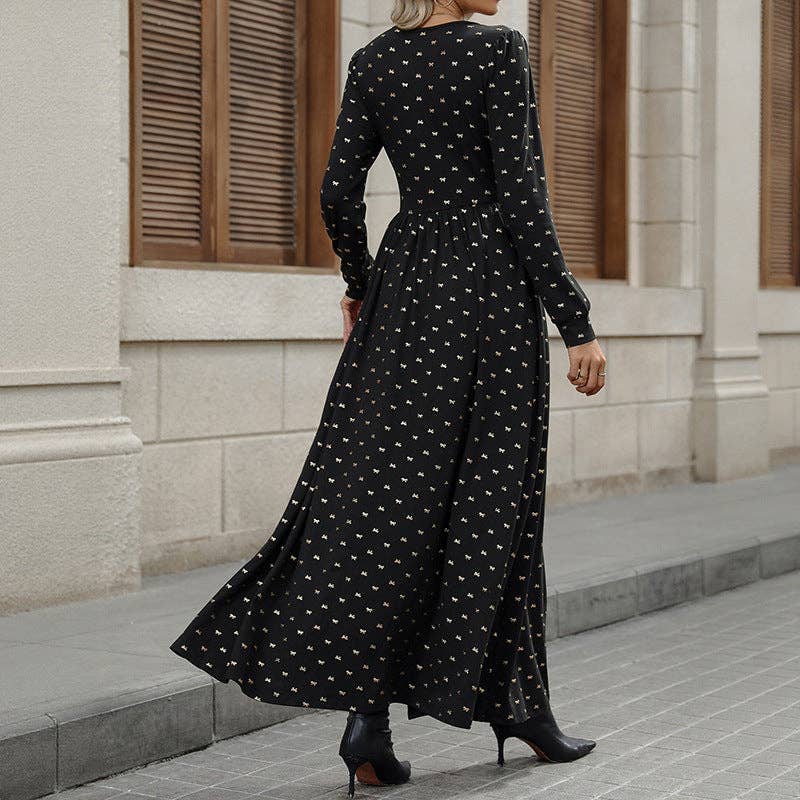 Black Elegant Vintage V Neck Lace Print Maxi Dress with Bow for wholesale on Faire6