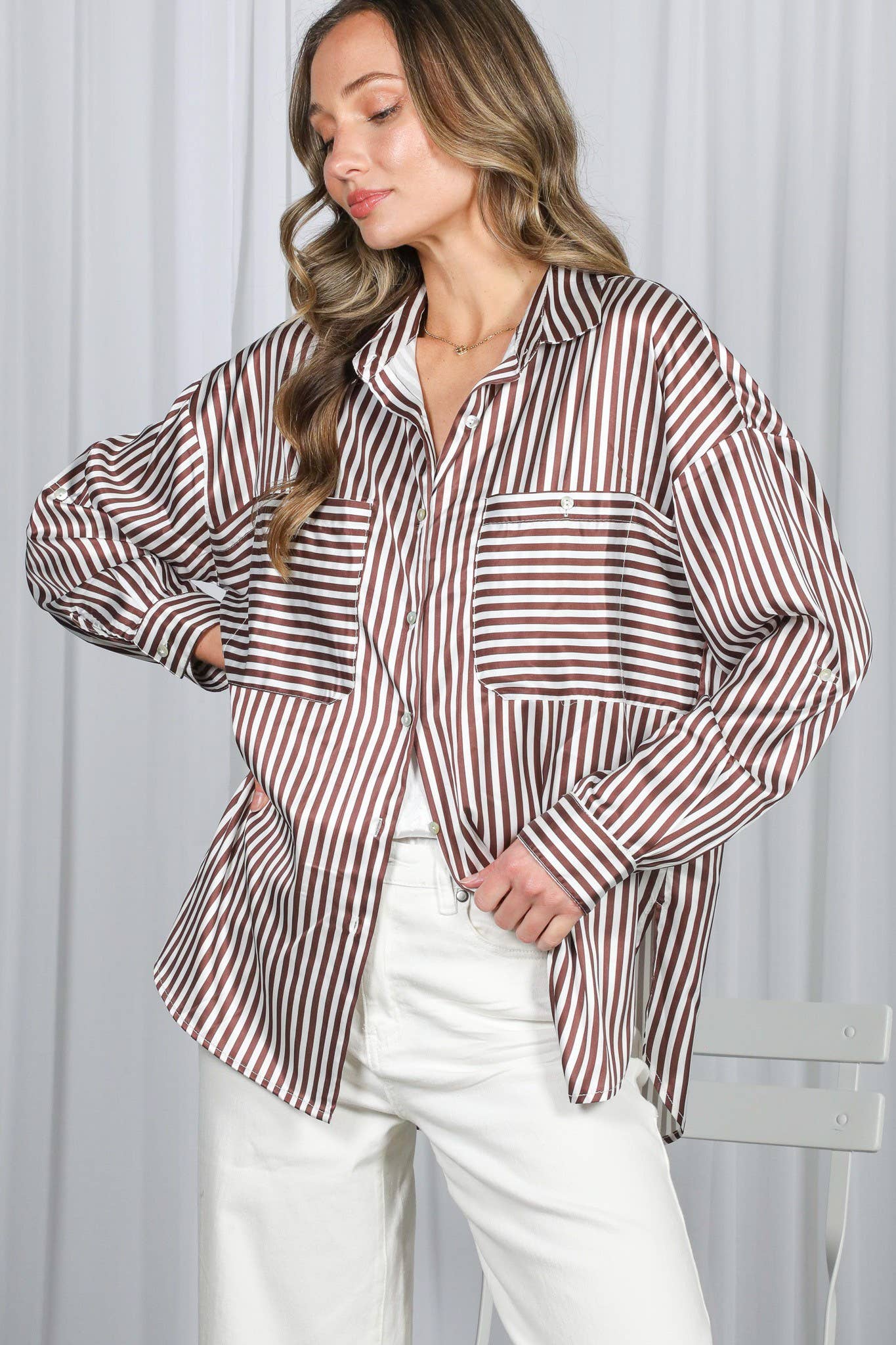 Vine & Love - Wholesale Button Down Shirt - Women's - Collar Neckline Pocket Detail Striped Satin Shirt VT8131425