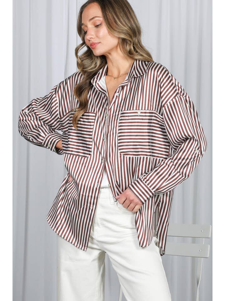 Vine & Love - Wholesale Button Down Shirt - Women's - Collar Neckline Pocket Detail Striped Satin Shirt VT8131425