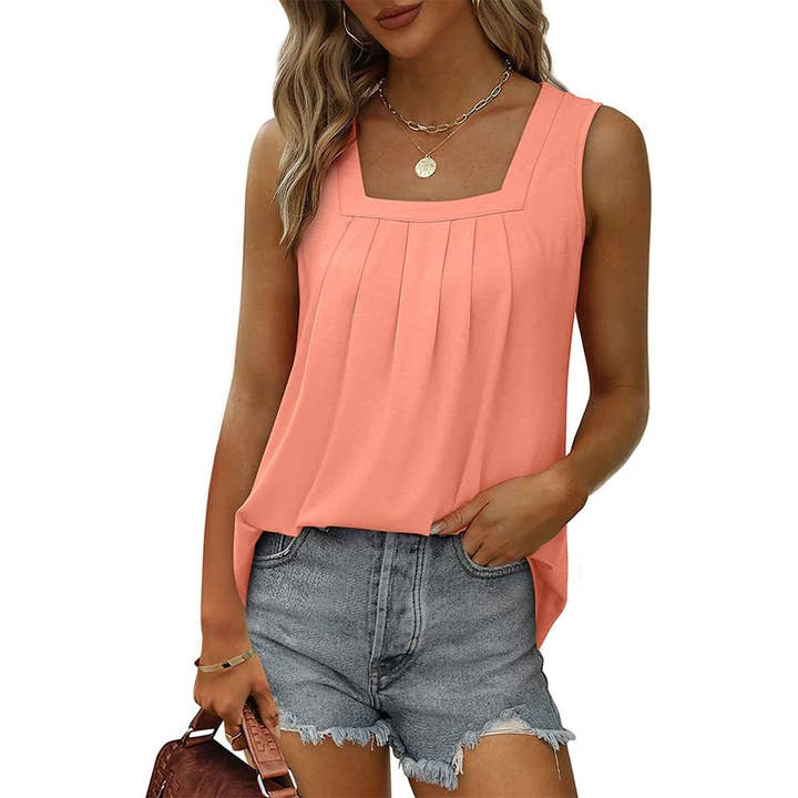 Lovesoft - Wholesale Tank Top - Women's - Ruched Square Neck Sleeveless High-Low Tank Top