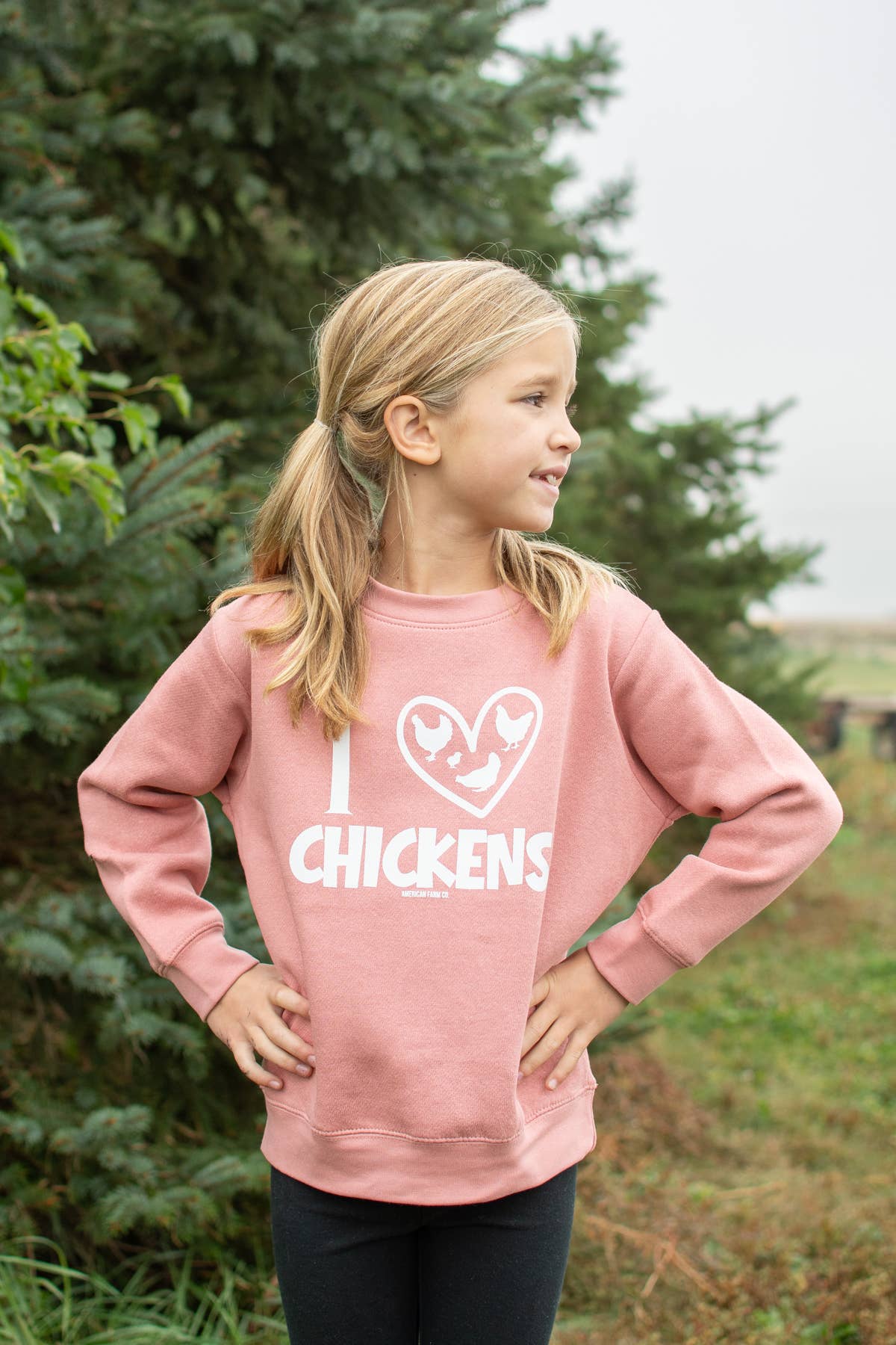 American Farm Company - Wholesale Sweatshirt - Kids - Western 'I ♥ Chickens’ Pink Toddler/Youth Graphic Crewneck