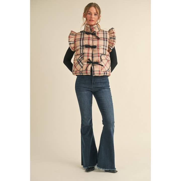 TAUPE Plaid puffer vest for wholesale on Faire