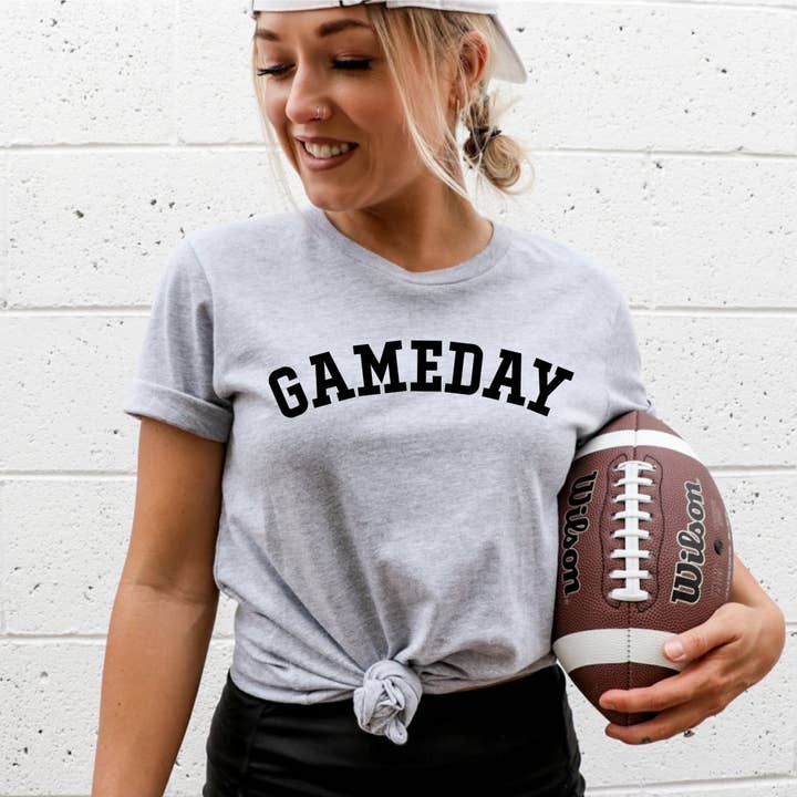 Gameday Grey Varsity Font Football Trendy Graphic Tee for wholesale by Fox and Owl Apparel-Graphic Tee's