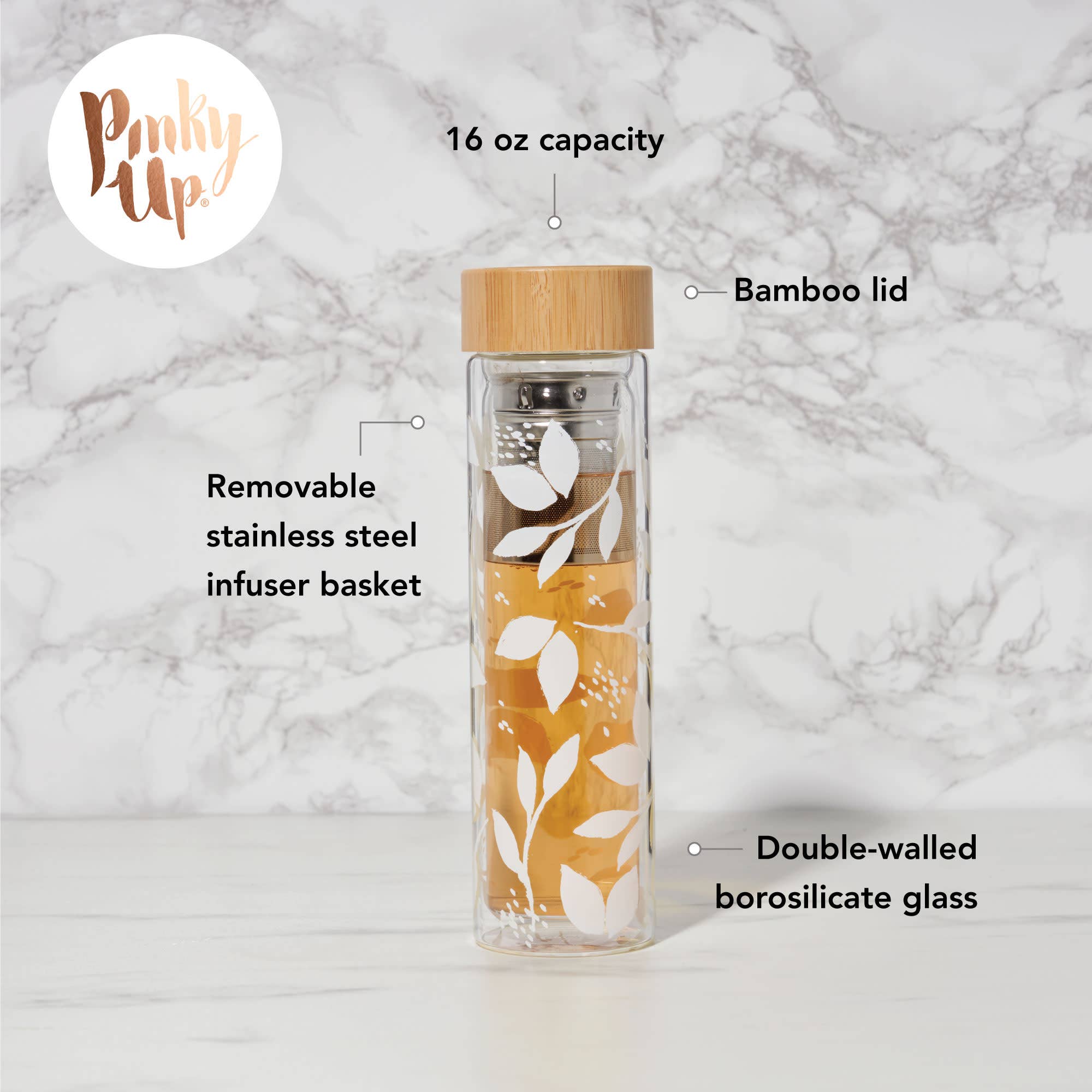 Pinky Up - Wholesale Insulated Mug/Tumbler - Blair™ Insulated Glass Travel Mug with Tea Infuser Bee5