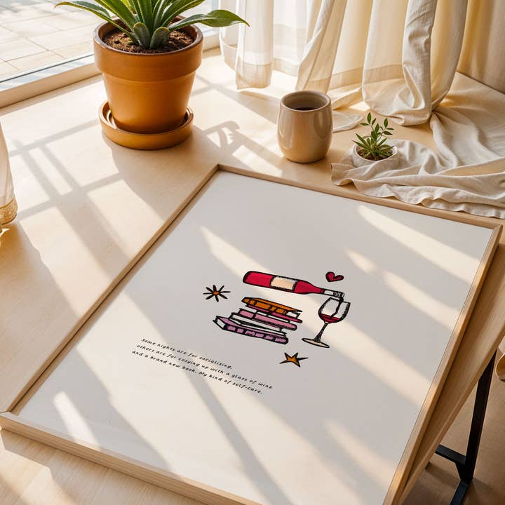 Freya Niamh - Wholesale Art Print - Wine & A Good Book Art Print, Lifestyle Art3