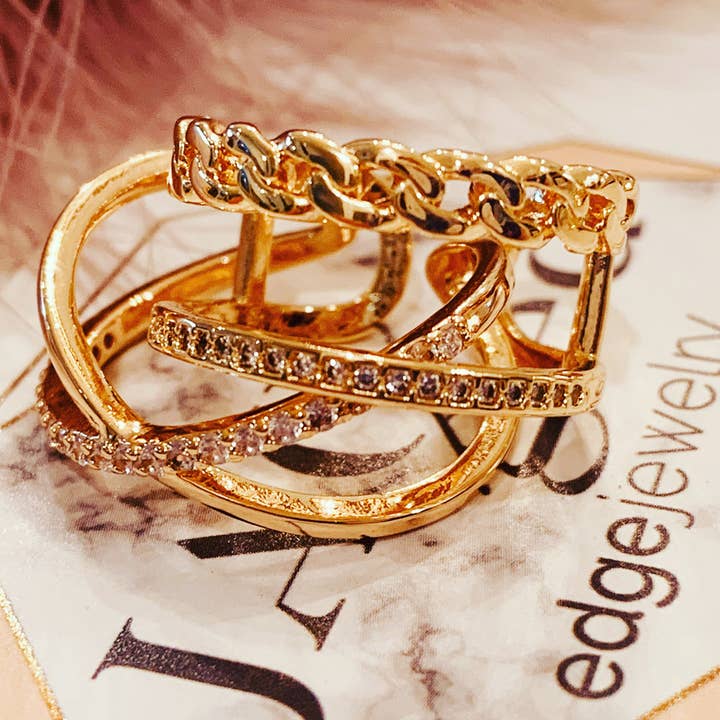 Anillo infinity chapado en oro de 18 quilates con piedras O cadena de oro de 18 quilates anillo y piedras para venta al por mayor de JAG/ged Edge Jewelry