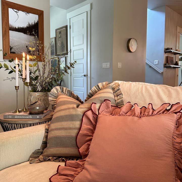 Rennah Collective - Wholesale Throw/Decorative Pillow - Olive and Sage Striped-Ruffle Pillow Cover1