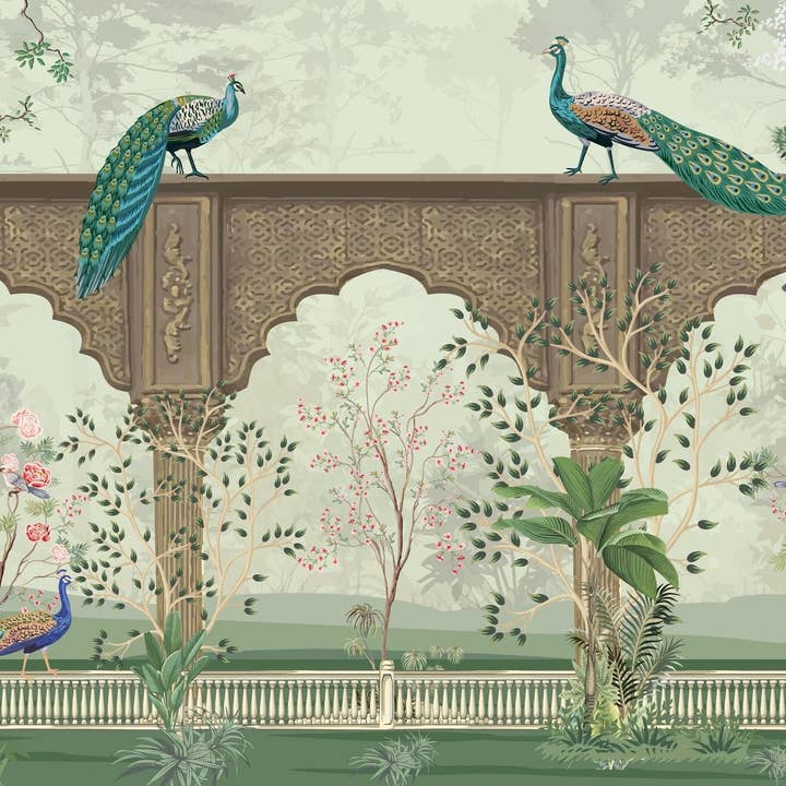 Traditional Mughal Garden Wallpaper, Peacock, Brown Arch Mural, Oversized Custom Size Wall Art, Non-Woven, Non-Adhesive, Modern Wall Paper, Removable for wholesale by Walloro Luxury Embossed Wallpaper