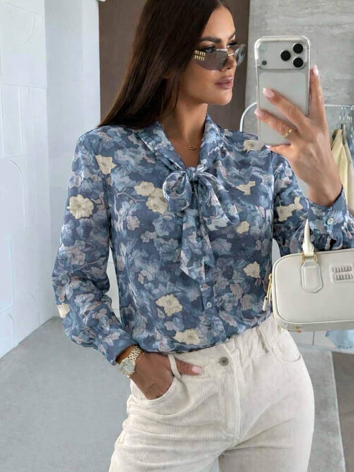 Klara Floral Tie-Neck Sheer Blouse Top-Blue for wholesale by Catwalk Wholesale