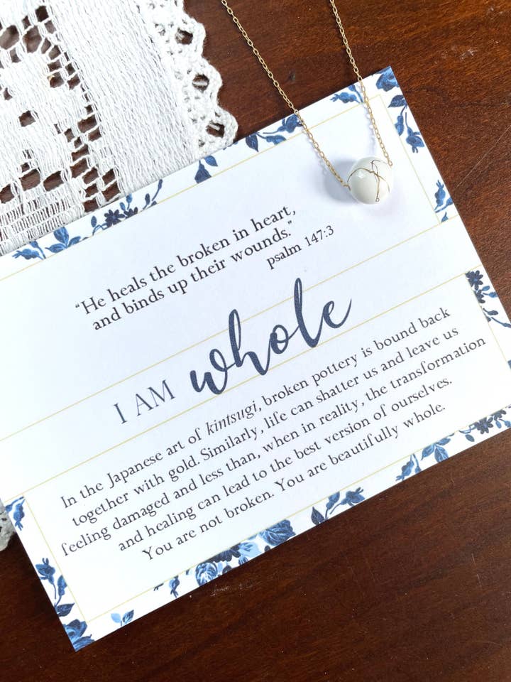 I AM WHOLE White and Gold Dainty Necklace with Psalm 147:3 for wholesale by Hamrick Avenue