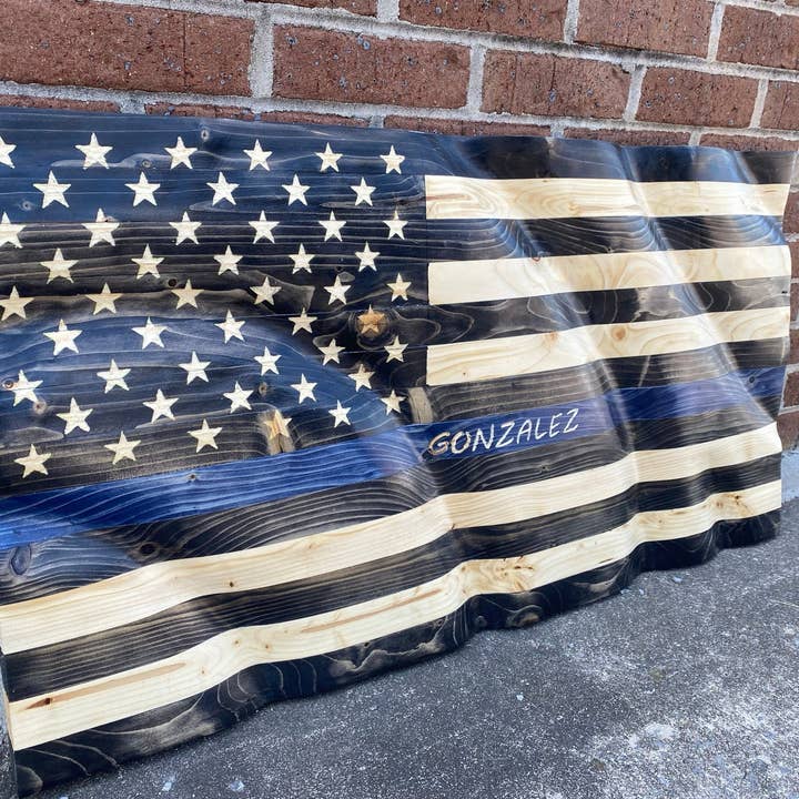 Rugged Cross Creations - Wholesale Wall Sign - Waving Wooden Thin Blue Line Police Flag4