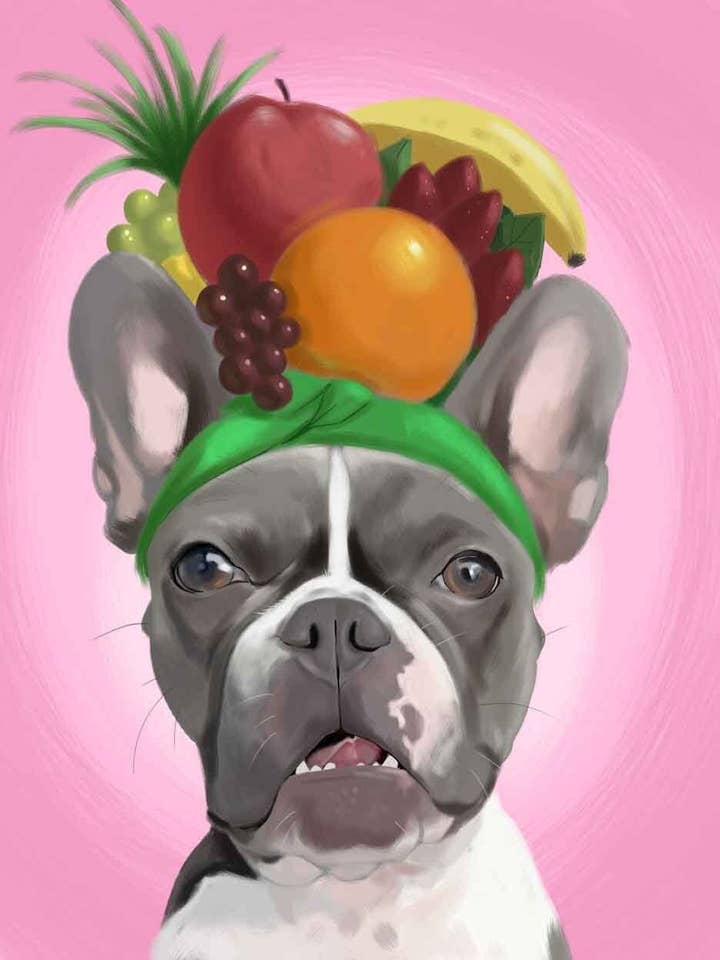 French Bulldog, Fruit Hat, Dog Art Print for wholesale by Brian Rubenacker studios