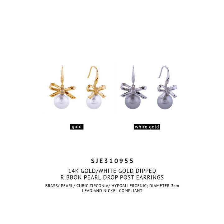 Hana - Wholesale Dangle Earrings - 14K Ribbon Pearl Drop Post Earrings