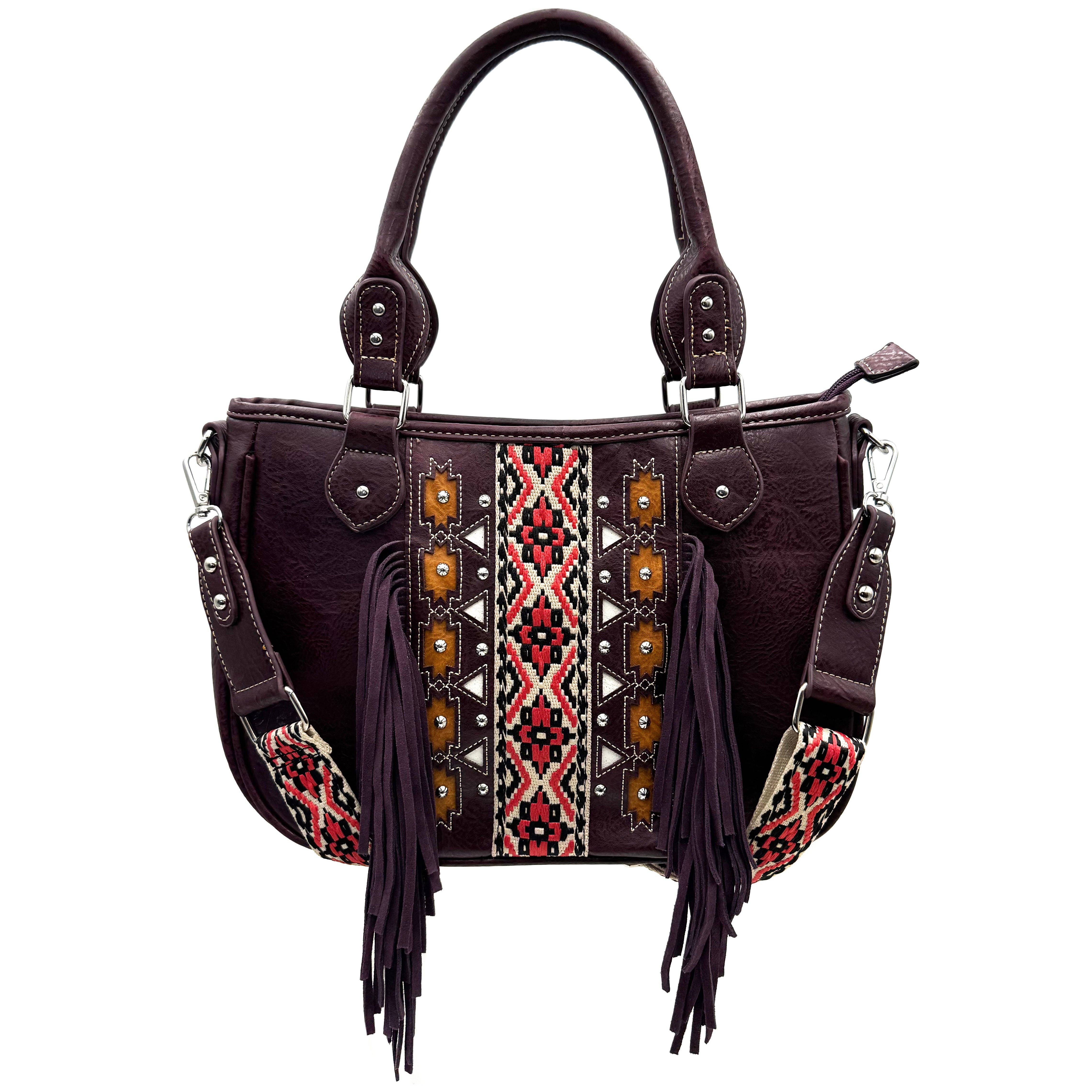 Lunar Deer – Engroshandel Skuldertaske – til kvinder – Aztekisk stammeprint frynse vestlig håndtaske pung14