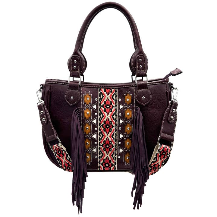 Lunar Deer – Engroshandel Skuldertaske – til kvinder – Aztekisk stammeprint frynse vestlig håndtaske pung14