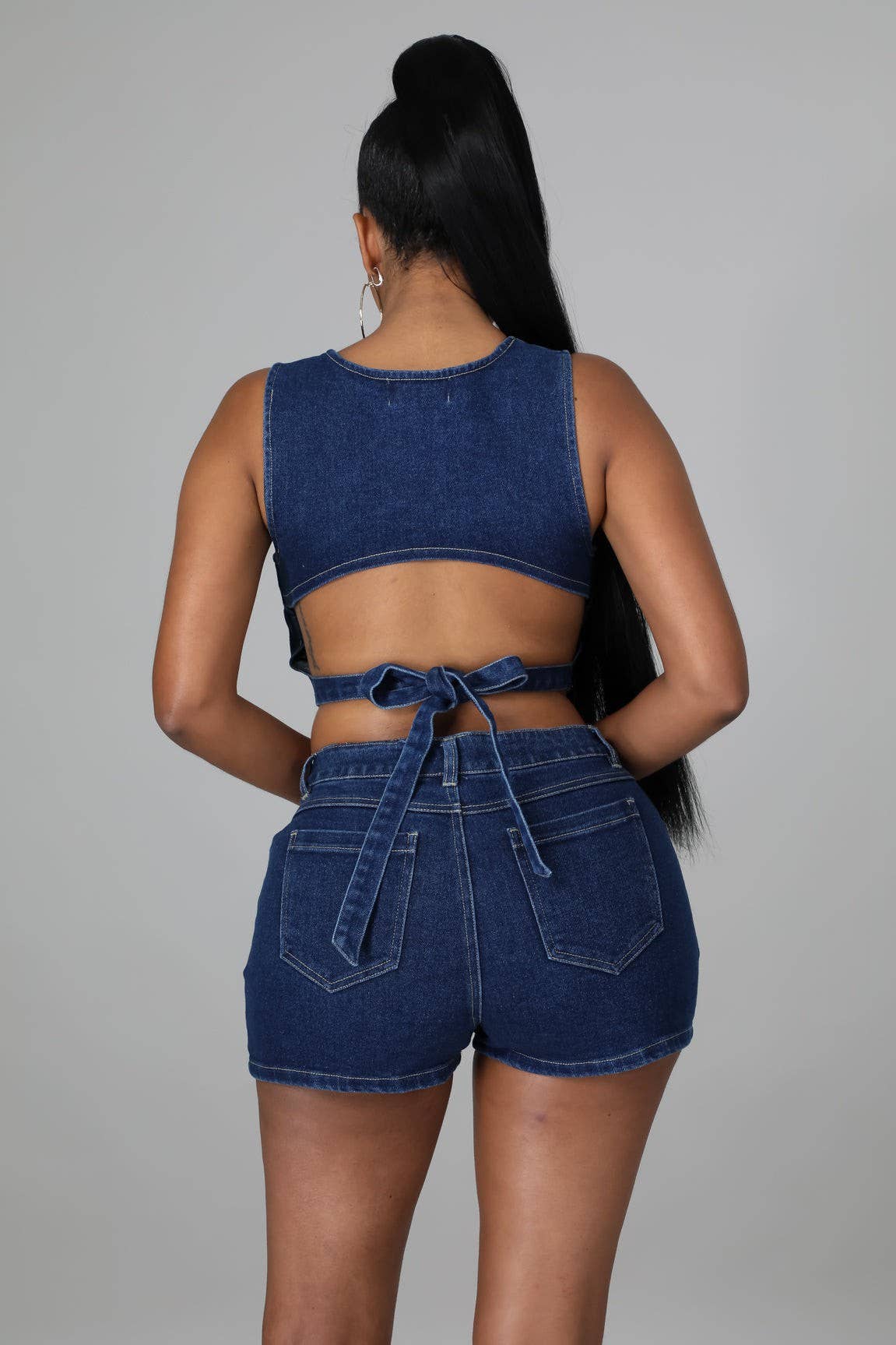 Denim clair Ensemble haut court et short en jean en vente sur Faire15