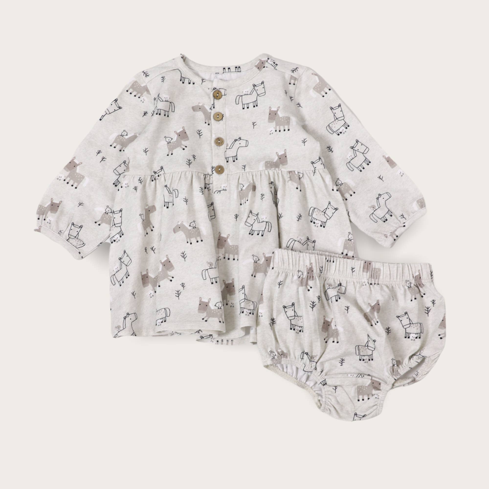 Heather Grey Horse & Bird Baby Flare-jurk+Bloomer-set (biologisch) voor groothandel op Faire1