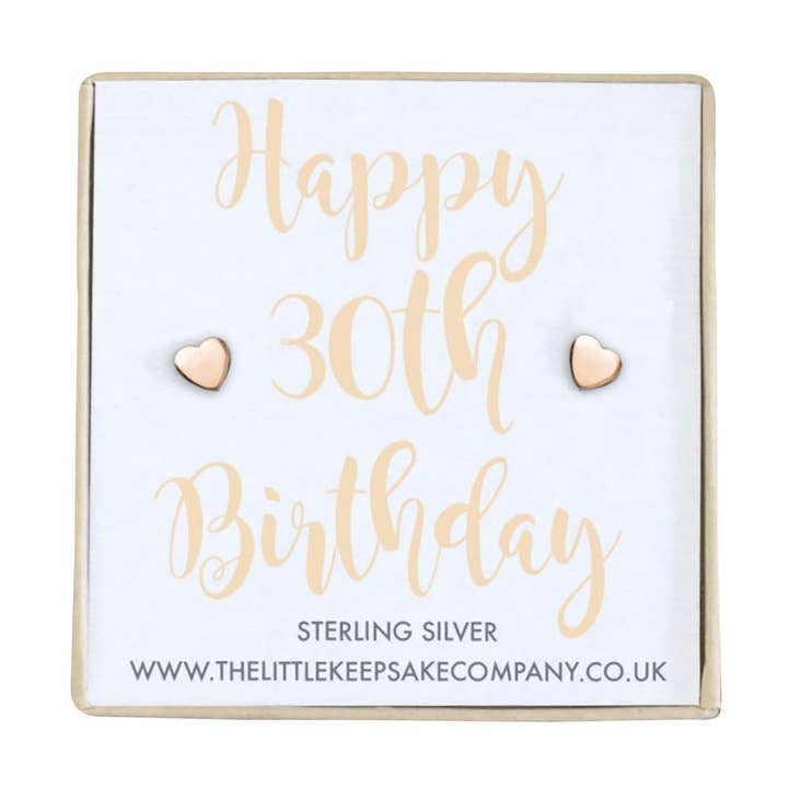 Boucles d'oreilles en or rose avec citation en vermeil - Joyeux 30e anniversaire pour la vente par The Little Keepsake Company