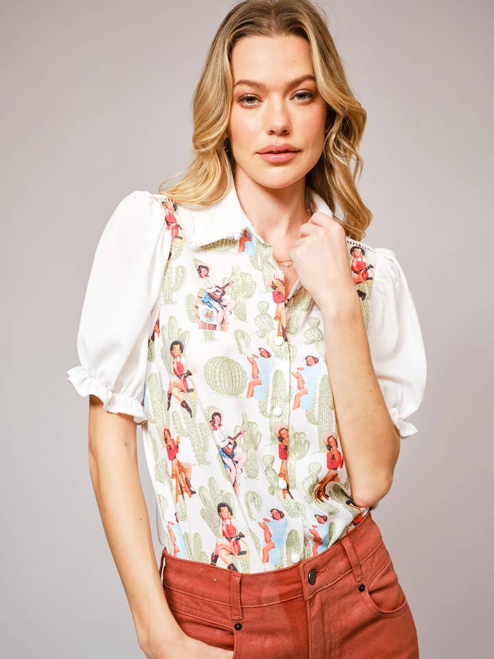 GEBROKEN WIT 36700T - Pin-up meisje cactusprint blouse met kanten kraag voor groothandel op Faire