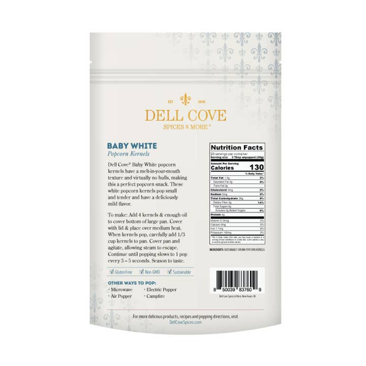 Dell Cove Spices & More Co. - Wholesale Popcorn Kernels - Baby White Popcorn Kernels - 2 Pound Bag - Hulless Pop Corn
