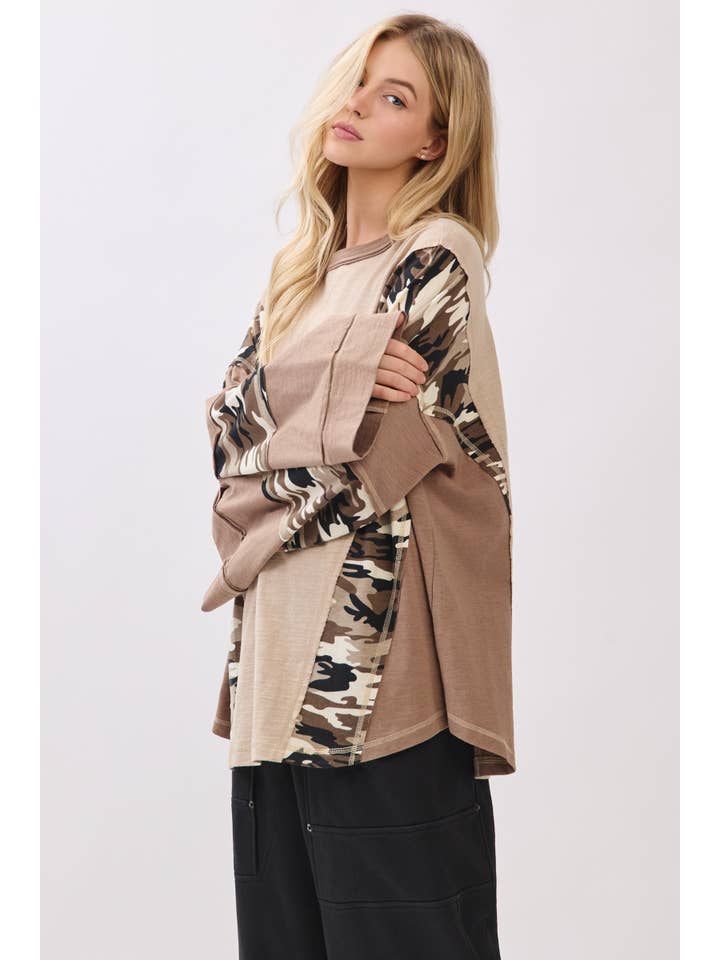 TAUPE COMBO Camo Patchwork Bell Sleeve Top for wholesale on Faire8