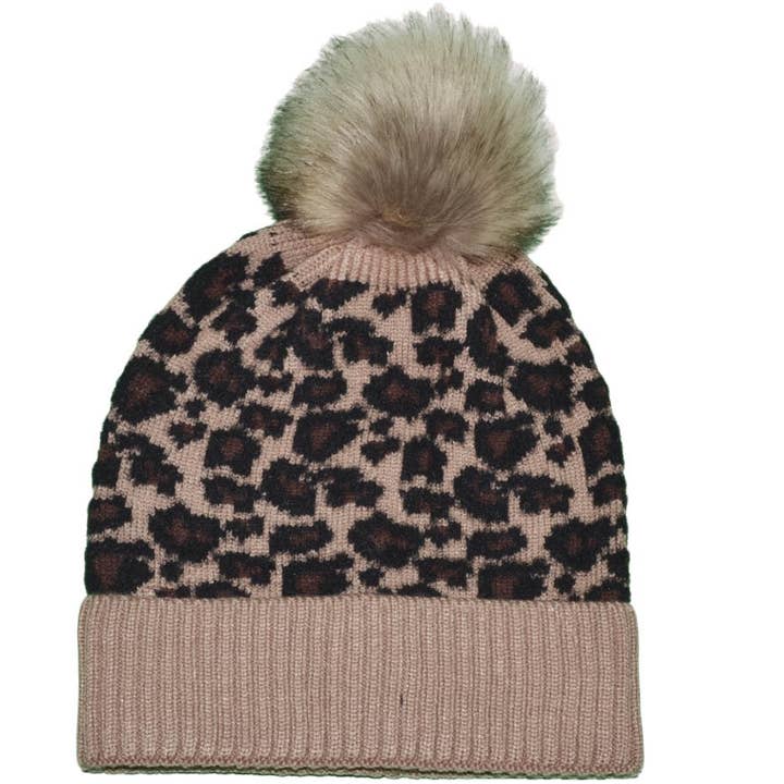 *Youth Size* Leopard Beanies W/Removable Raccoon Fur Pom-Pom for wholesale by Buck Wholesale