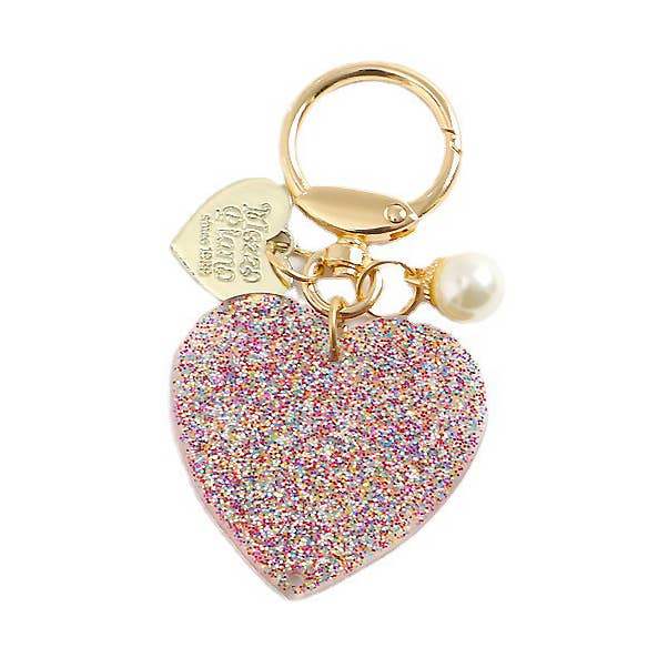 Ornaments-glitter powder love heart keychain bag charm for wholesale by Eagle Crest Industries Inc.