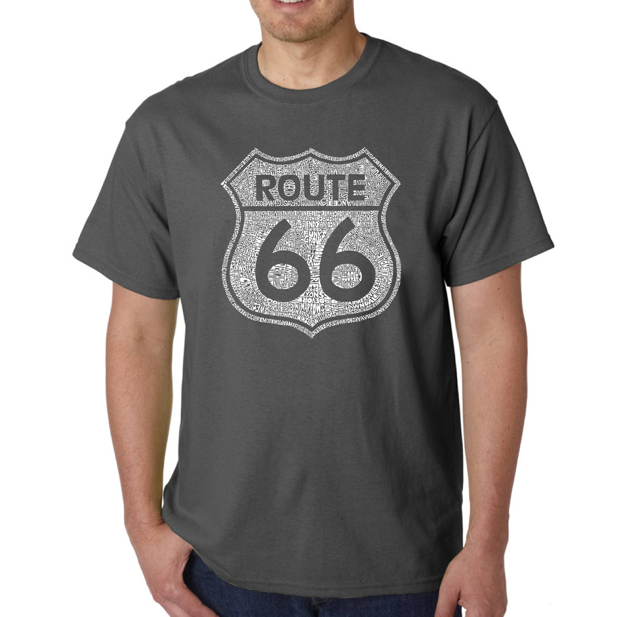 LA Pop Art - Wholesale Screen Printed T-Shirt - Men's - Men's Word Art Tee's - Cities Along  Route 665
