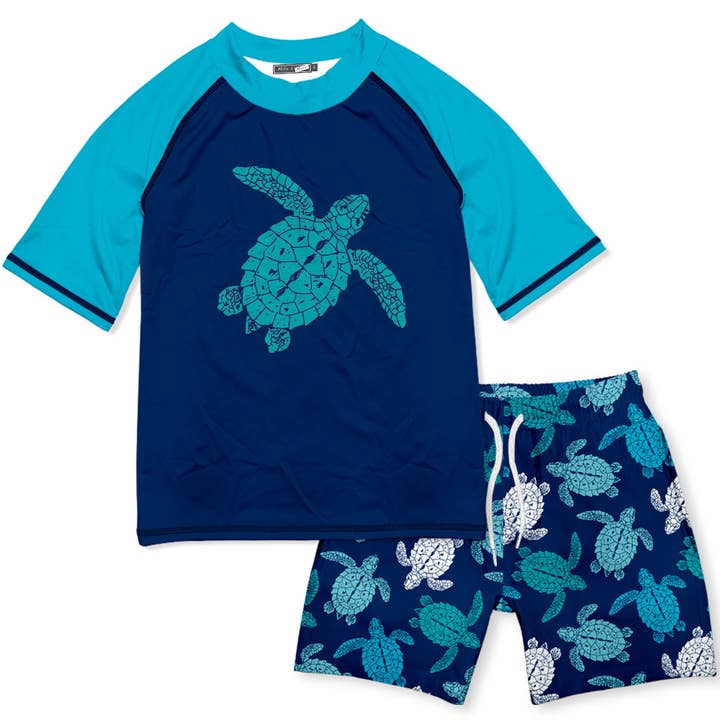 Boys Blue Turtle Short-Sleeve Rashguard Swim Set for wholesale by Millie Loves Lily
