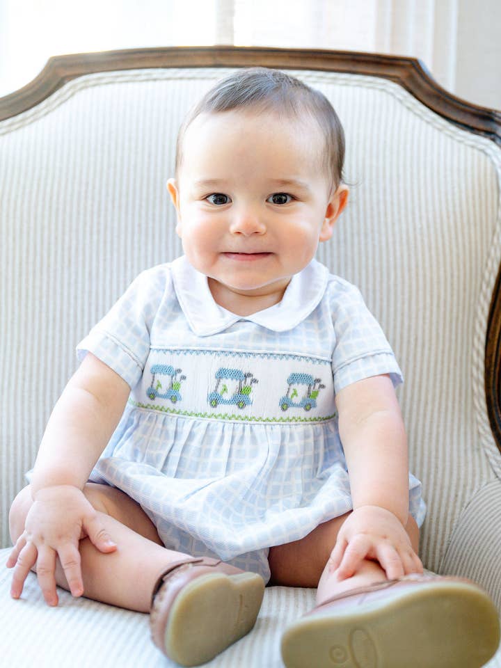 Blue Golf Smocked Henry Bubble for wholesale by Ruth and Ralph