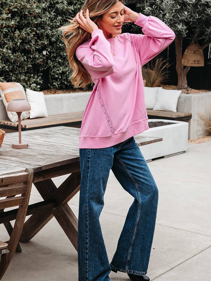 Bright Pink Lilah Lace Patched Raglan Sleeve Loose Fit Sweatshirt for wholesale on Faire2