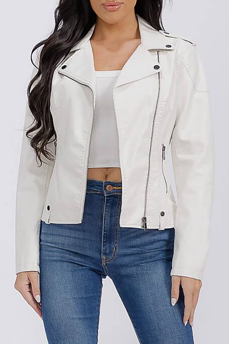 ROUSSEAU - Wholesale Leather Jacket - Women's - SOLID PU PLEATHER ZIP UP DRAPED MOTO JACKET0