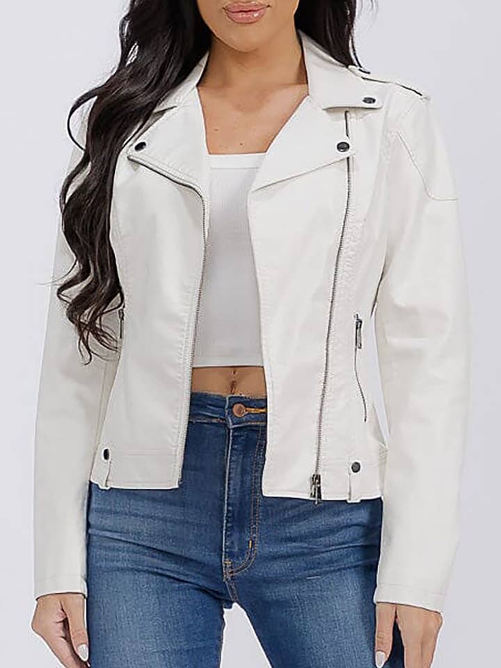 ROUSSEAU - Wholesale Leather Jacket - Women's - SOLID PU PLEATHER ZIP UP DRAPED MOTO JACKET0