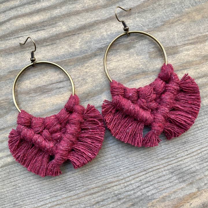 HK Macrame Jewelry - Wholesale Dangle Earrings - Large Square Knot Earrings - Burgundy & Bronze1