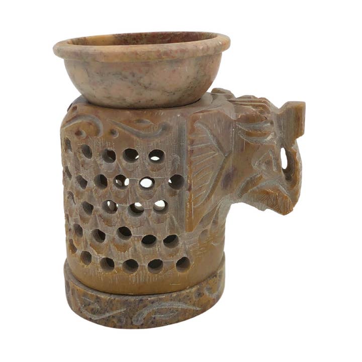 Porta-vela tealight de pedra-sabão redondo com design intricado e elefante por atacado de India Overseas Trading Corporation