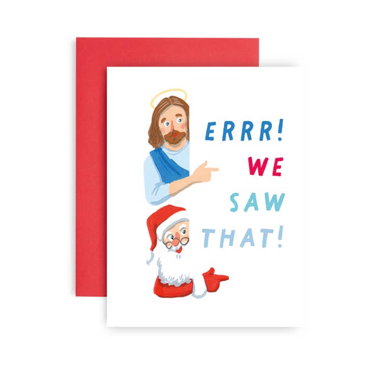 Carte de Noël amusante avec Jésus et le Père Noël pour la vente par Huxters