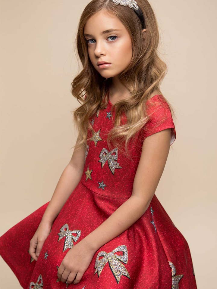 Fit & Flare Skater Dress W/ Rhinestone Jeweled Bow Print for wholesale by Hannah Banana , Baby Sara