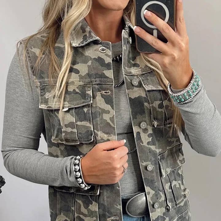 Camo Cargo Denim Vest and other Purchase wholesale camo fabric. Free returns & net 60 terms on Faire trending on Faire.