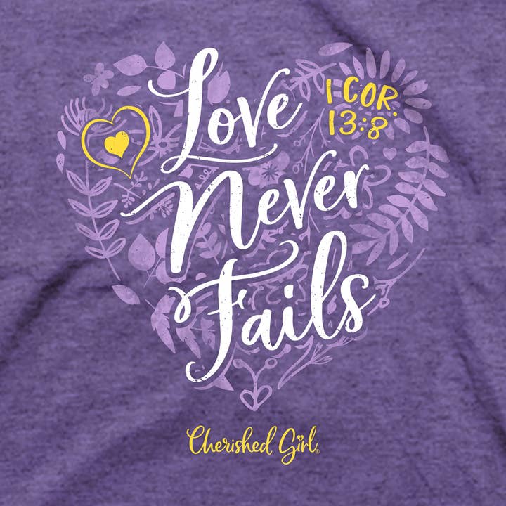 Retro Heather Purple Cherished Girl Womens T-Shirt Love Never Fails Floral for wholesale on Faire