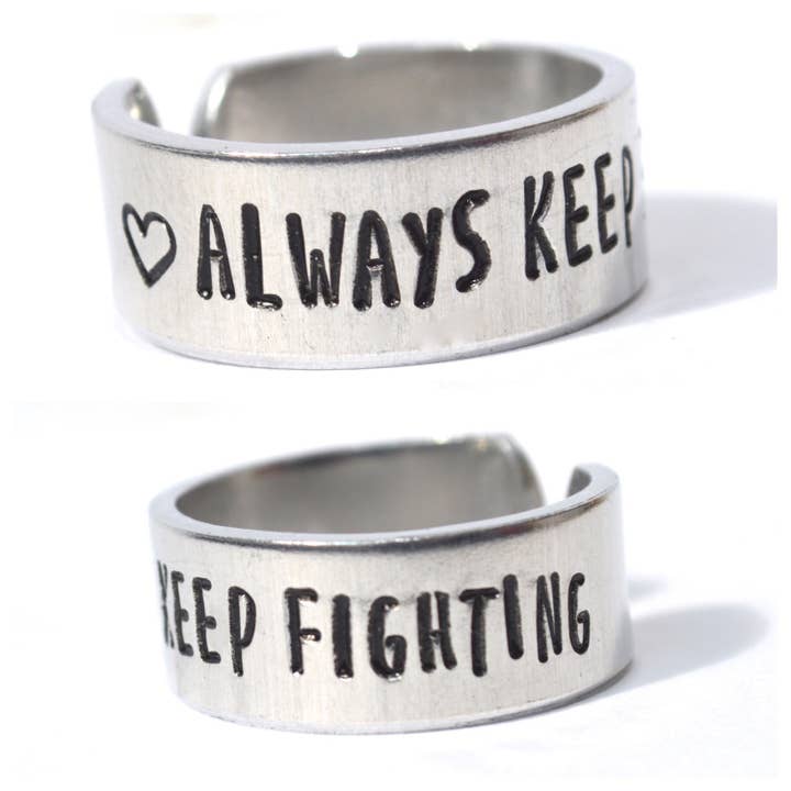 Always Keep Fighting Aluminum Metal Stamped Adjustable Ring // Hypoallergenic Rust Proof And Tarnish Proof for wholesale by Team Neville
