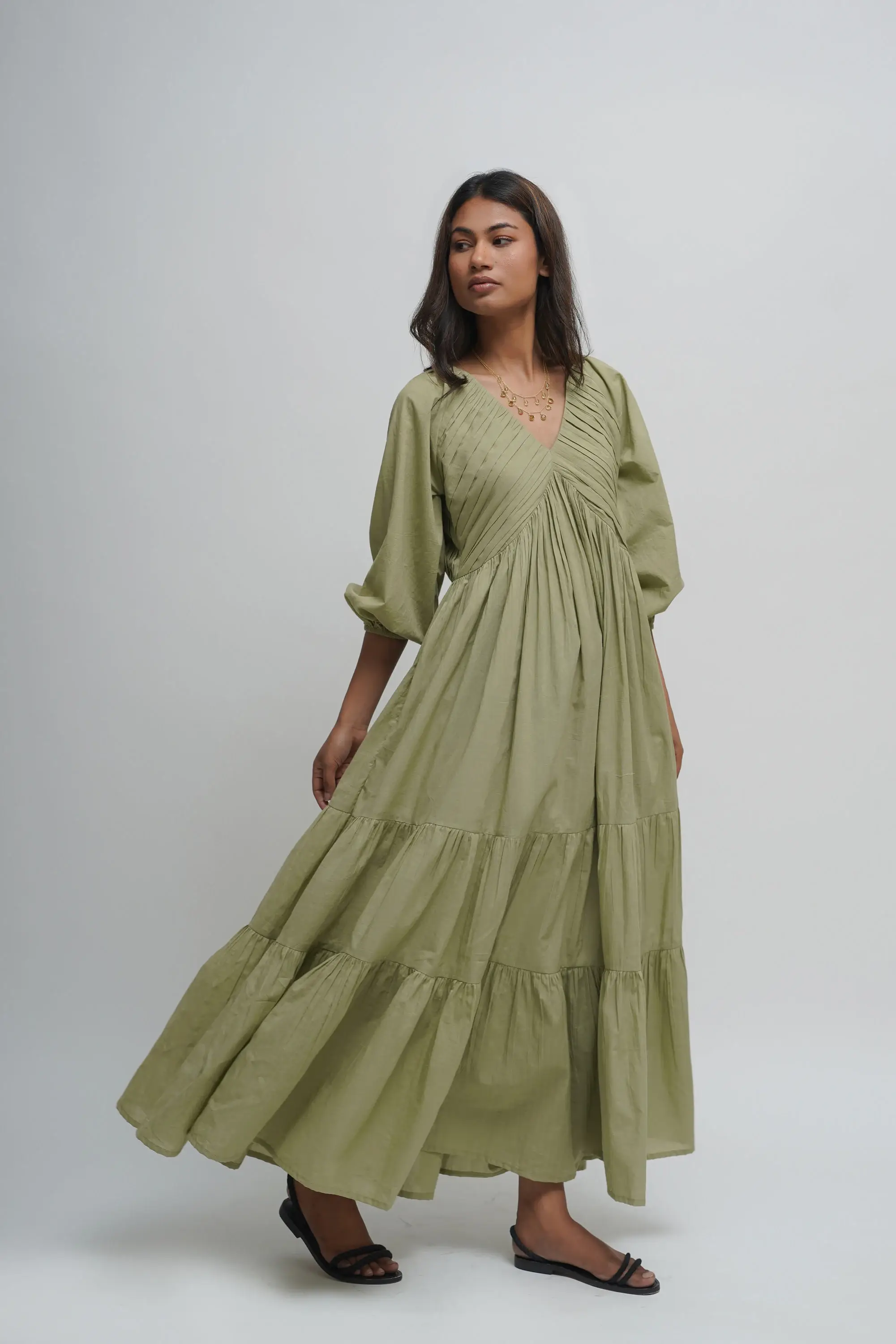 Tailor Didi - Wholesale Dress - Women's - Organic Cotton Pleated Maxi Dress with Pockets, Boho Tunic3