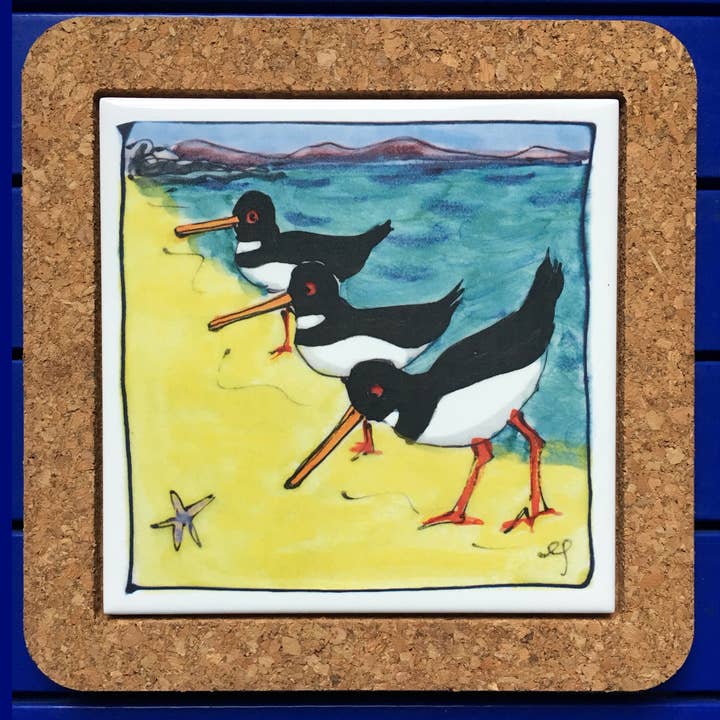 Cork Backed Ceramic Tile Trivet 19x19cm Oystercatchers for wholesale by Elspeth Gardner Ceramics