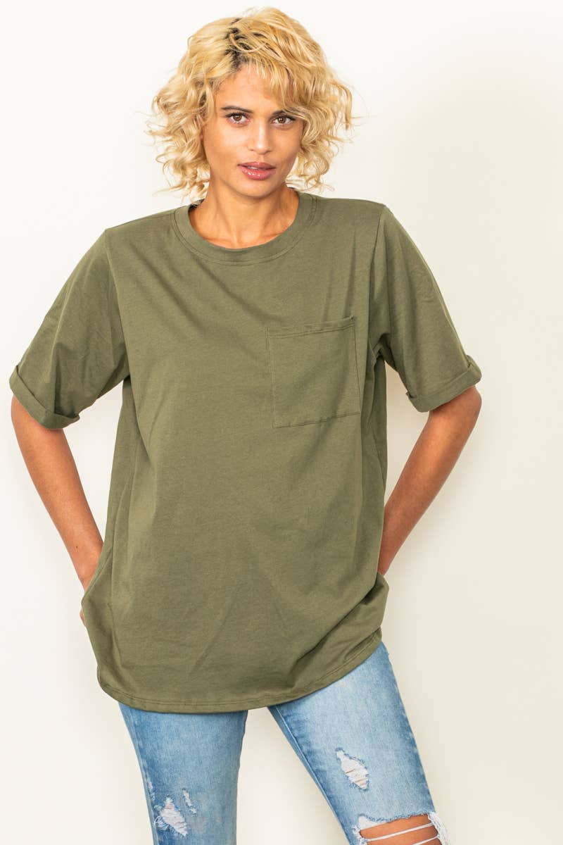 Elloh Collection – wholesale T-shirt – women's – Round Neck Boyfriend Fit Cotton T-Shirt with Front Pocket9