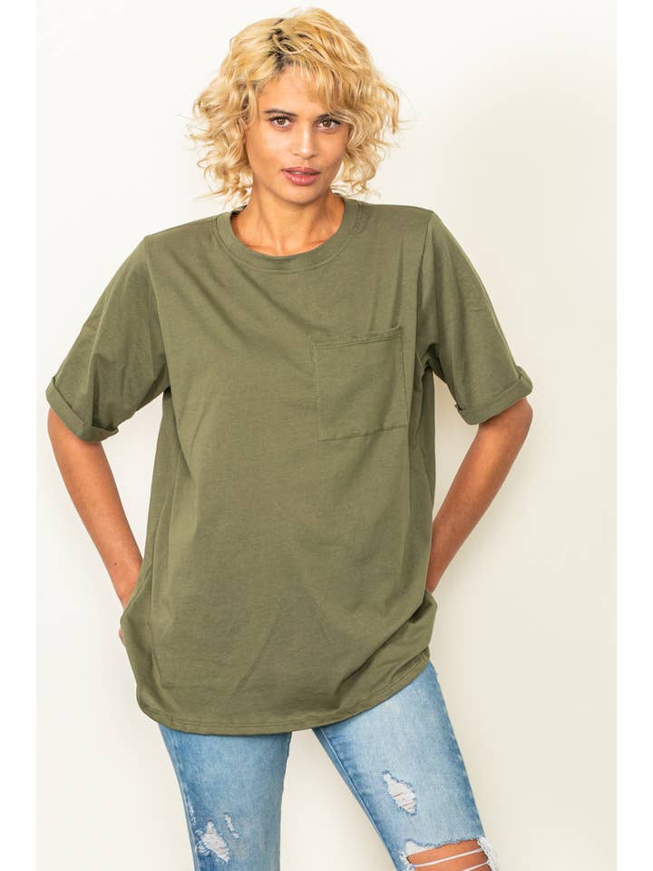 Elloh Collection – wholesale T-shirt – women's – Round Neck Boyfriend Fit Cotton T-Shirt with Front Pocket9